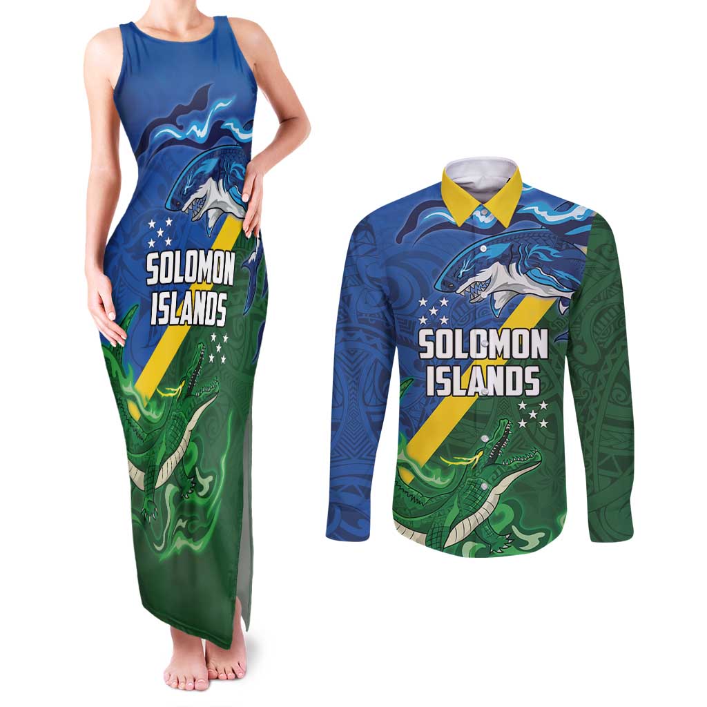 Solomon Islands Polynesian Tribal Shark and Crocodile Couples Matching Tank Maxi Dress and Long Sleeve Button Shirt LT03 Blue - Polynesian Pride