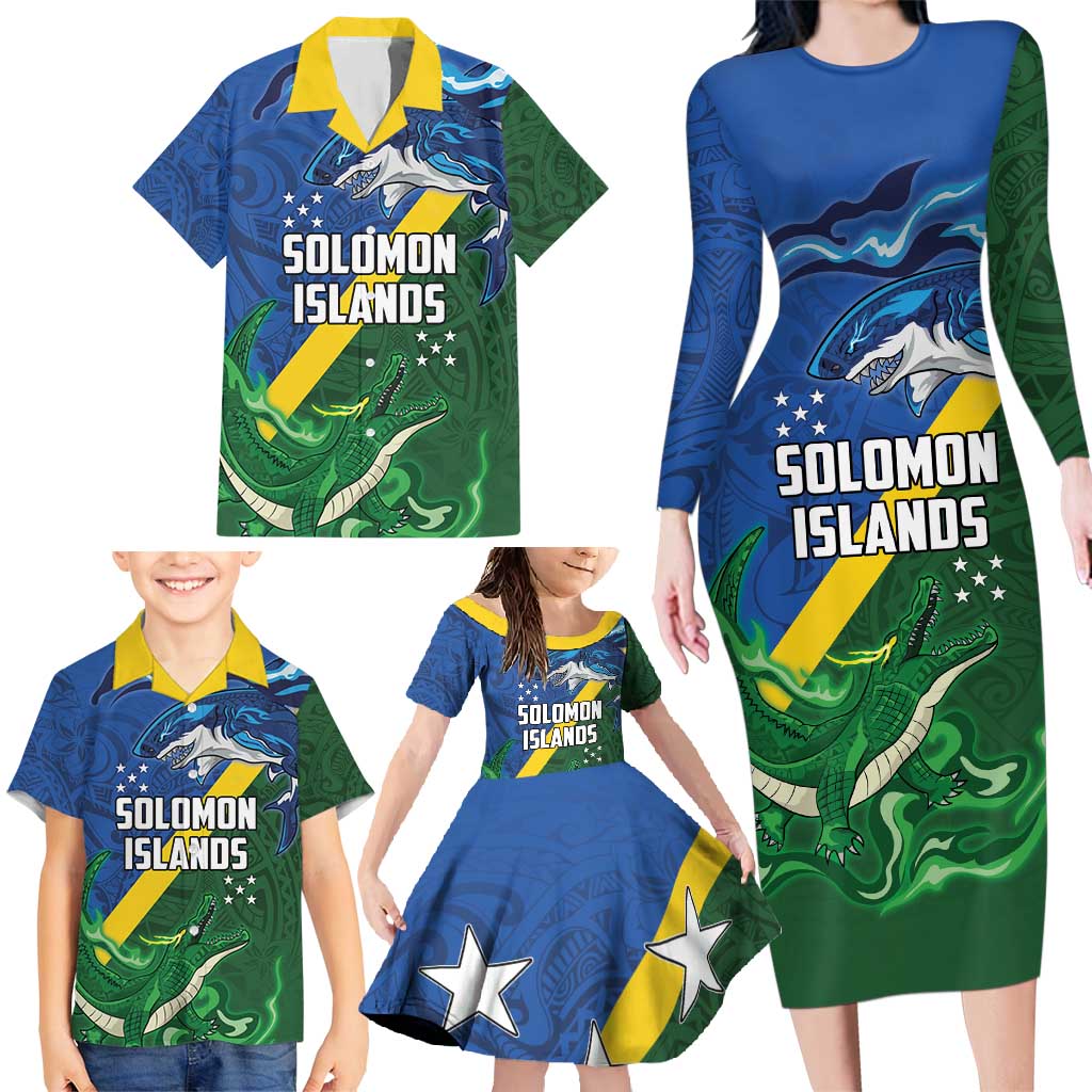 Solomon Islands Polynesian Tribal Shark and Crocodile Family Matching Long Sleeve Bodycon Dress and Hawaiian Shirt LT03 - Polynesian Pride