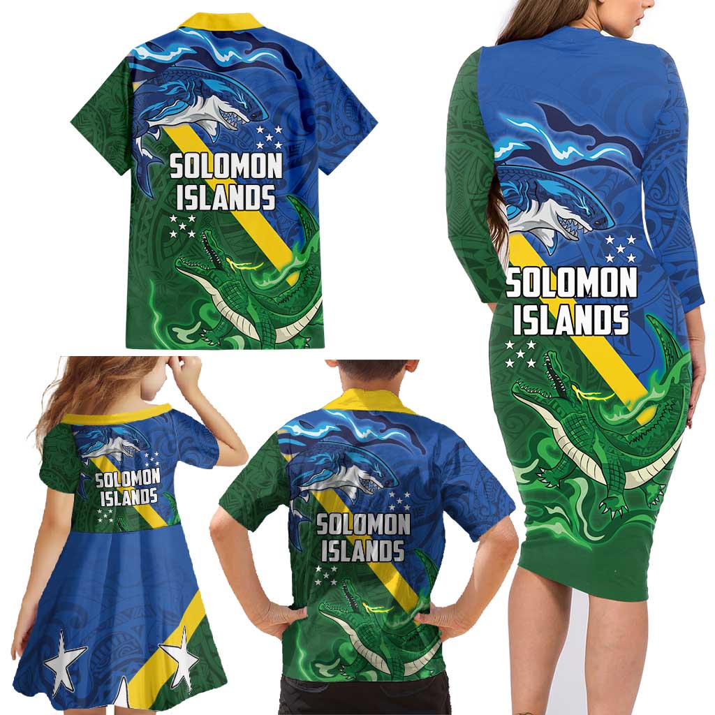 Solomon Islands Polynesian Tribal Shark and Crocodile Family Matching Long Sleeve Bodycon Dress and Hawaiian Shirt LT03 - Polynesian Pride