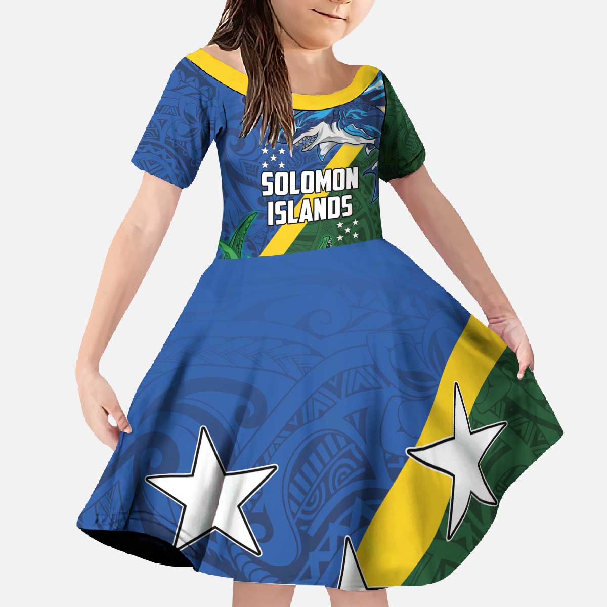 Solomon Islands Polynesian Tribal Shark and Crocodile Family Matching Off The Shoulder Long Sleeve Dress and Hawaiian Shirt LT03 Daughter's Dress Blue - Polynesian Pride