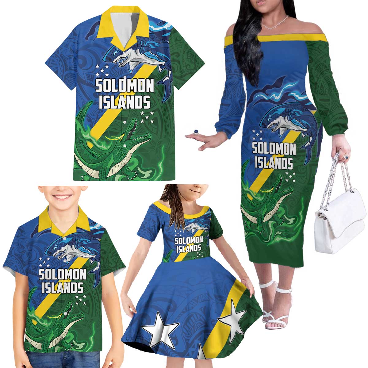 Solomon Islands Polynesian Tribal Shark and Crocodile Family Matching Off The Shoulder Long Sleeve Dress and Hawaiian Shirt LT03 - Polynesian Pride