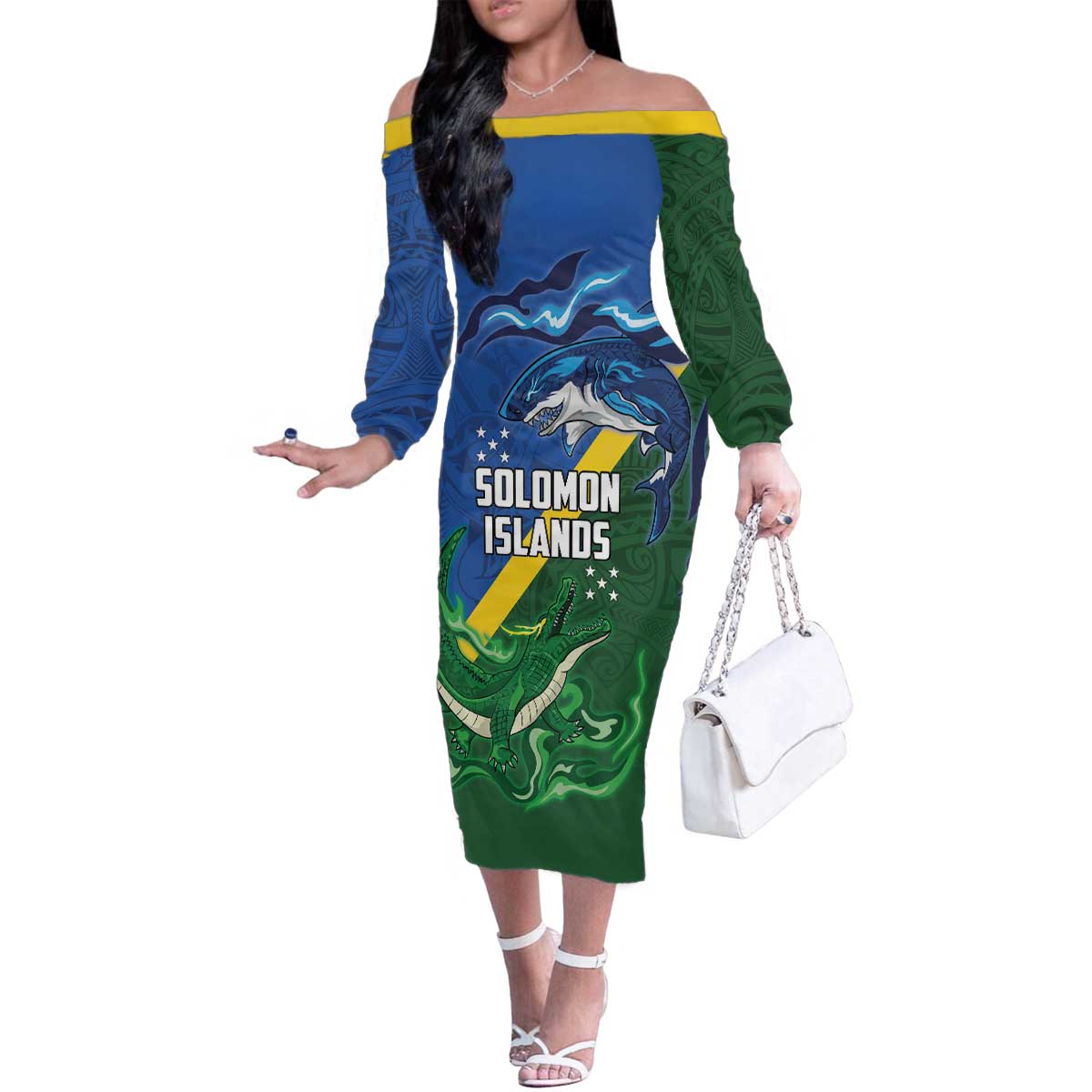 Solomon Islands Polynesian Tribal Shark and Crocodile Family Matching Off The Shoulder Long Sleeve Dress and Hawaiian Shirt LT03 Mom's Dress Blue - Polynesian Pride