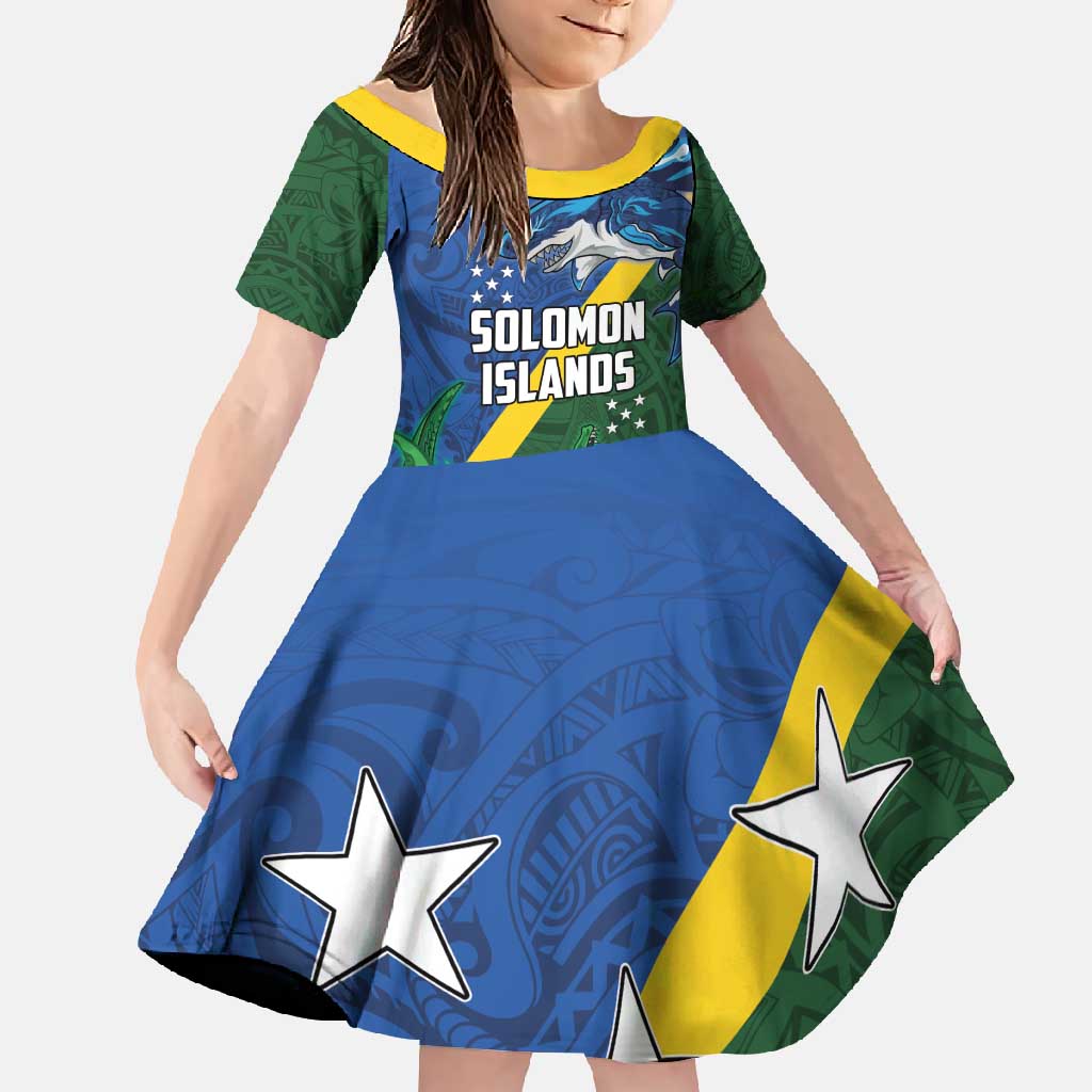 Solomon Islands Polynesian Tribal Shark and Crocodile Family Matching Off Shoulder Maxi Dress and Hawaiian Shirt LT03 Daughter's Dress Blue - Polynesian Pride