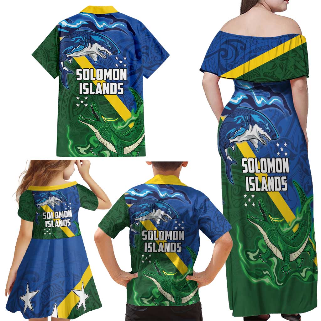 Solomon Islands Polynesian Tribal Shark and Crocodile Family Matching Off Shoulder Maxi Dress and Hawaiian Shirt LT03 - Polynesian Pride