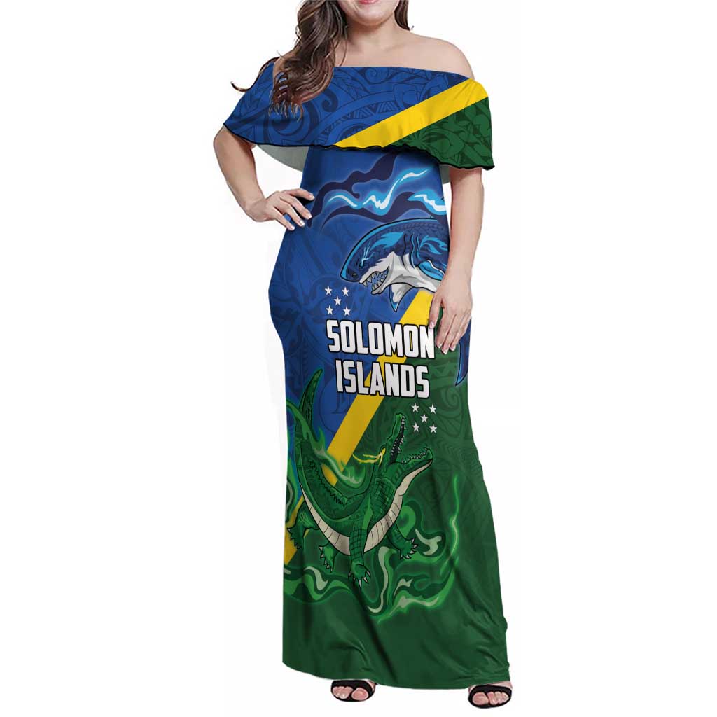 Solomon Islands Polynesian Tribal Shark and Crocodile Family Matching Off Shoulder Maxi Dress and Hawaiian Shirt LT03 Mom's Dress Blue - Polynesian Pride
