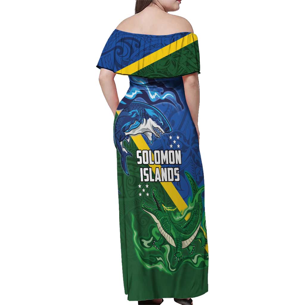 Solomon Islands Polynesian Tribal Shark and Crocodile Family Matching Off Shoulder Maxi Dress and Hawaiian Shirt LT03 - Polynesian Pride