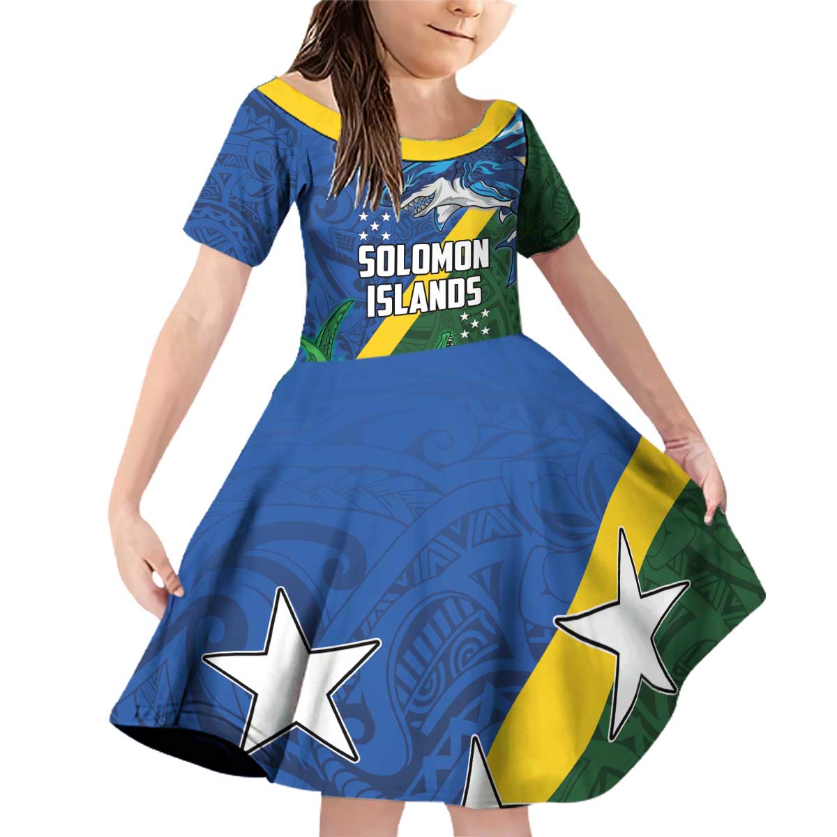 Solomon Islands Polynesian Tribal Shark and Crocodile Family Matching Off Shoulder Short Dress and Hawaiian Shirt LT03 Daughter's Dress Blue - Polynesian Pride