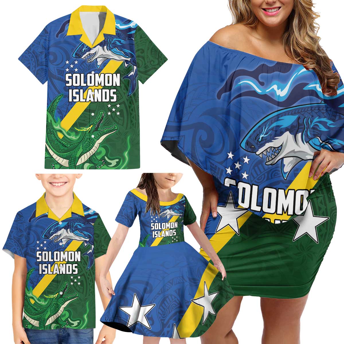 Solomon Islands Polynesian Tribal Shark and Crocodile Family Matching Off Shoulder Short Dress and Hawaiian Shirt LT03 - Polynesian Pride