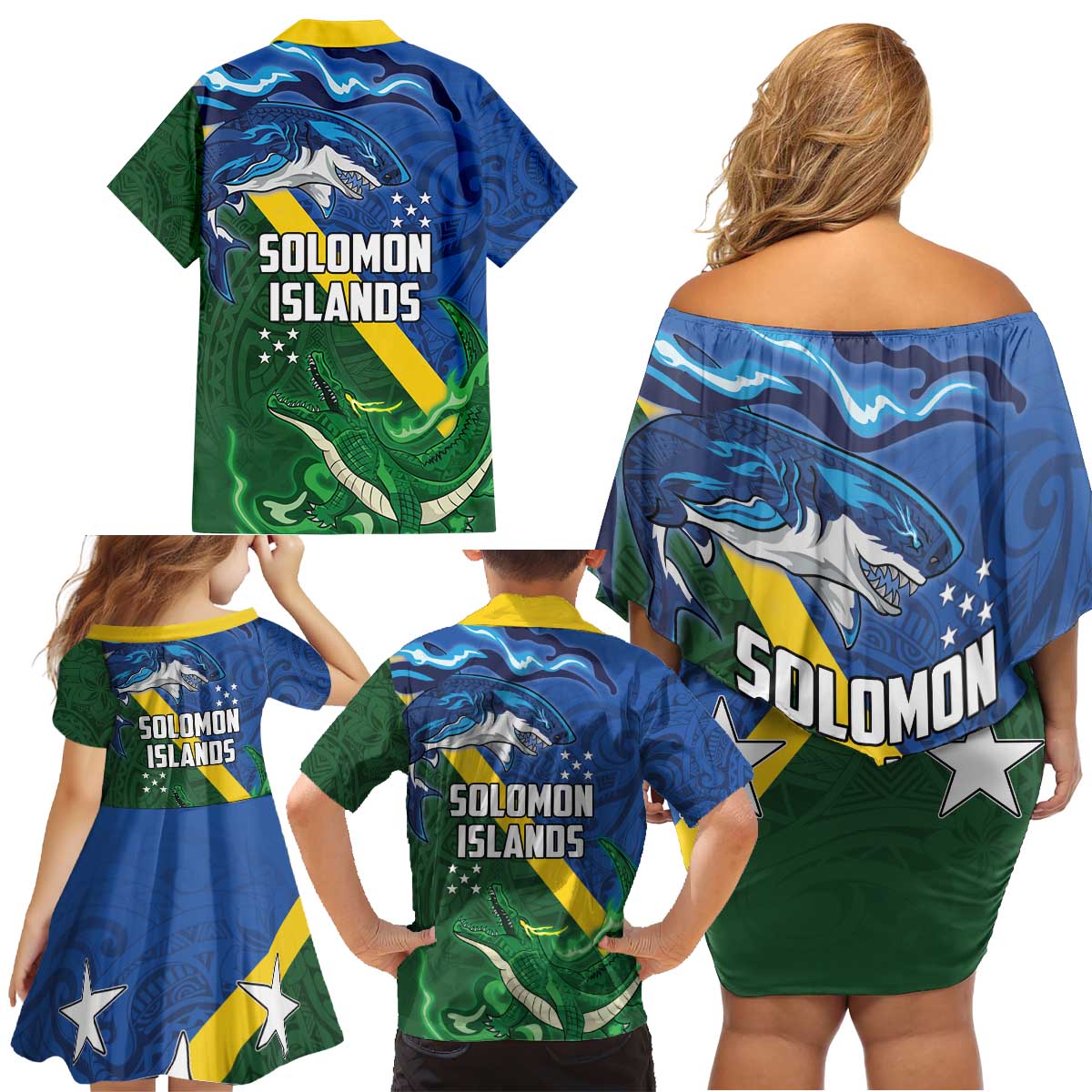 Solomon Islands Polynesian Tribal Shark and Crocodile Family Matching Off Shoulder Short Dress and Hawaiian Shirt LT03 - Polynesian Pride