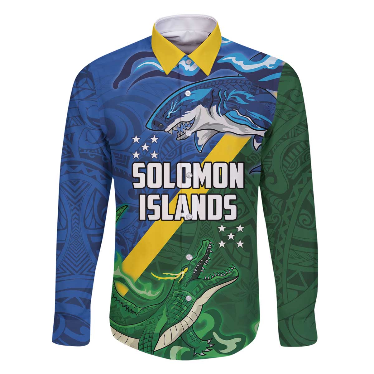 Solomon Islands Polynesian Tribal Shark and Crocodile Family Matching Off Shoulder Short Dress and Hawaiian Shirt LT03 Dad's Shirt - Long Sleeve Blue - Polynesian Pride