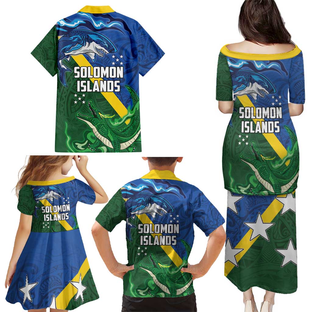 Solomon Islands Polynesian Tribal Shark and Crocodile Family Matching Puletasi and Hawaiian Shirt LT03 - Polynesian Pride