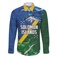 Solomon Islands Polynesian Tribal Shark and Crocodile Family Matching Puletasi and Hawaiian Shirt LT03 Dad's Shirt - Long Sleeve Blue - Polynesian Pride