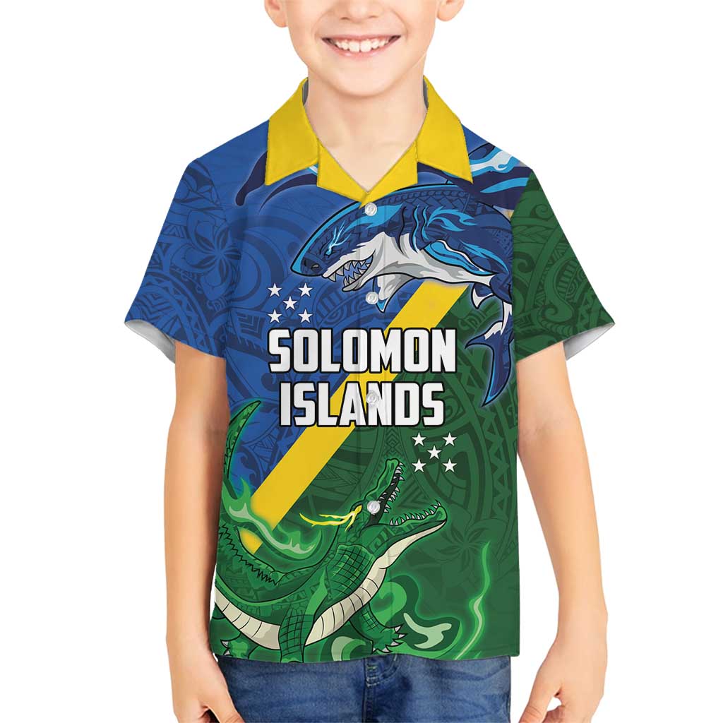Solomon Islands Polynesian Tribal Shark and Crocodile Family Matching Puletasi and Hawaiian Shirt LT03 Son's Shirt Blue - Polynesian Pride