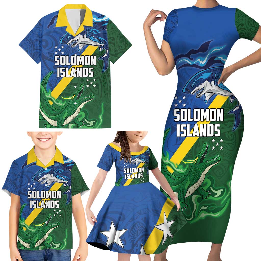 Solomon Islands Polynesian Tribal Shark and Crocodile Family Matching Short Sleeve Bodycon Dress and Hawaiian Shirt LT03 - Polynesian Pride