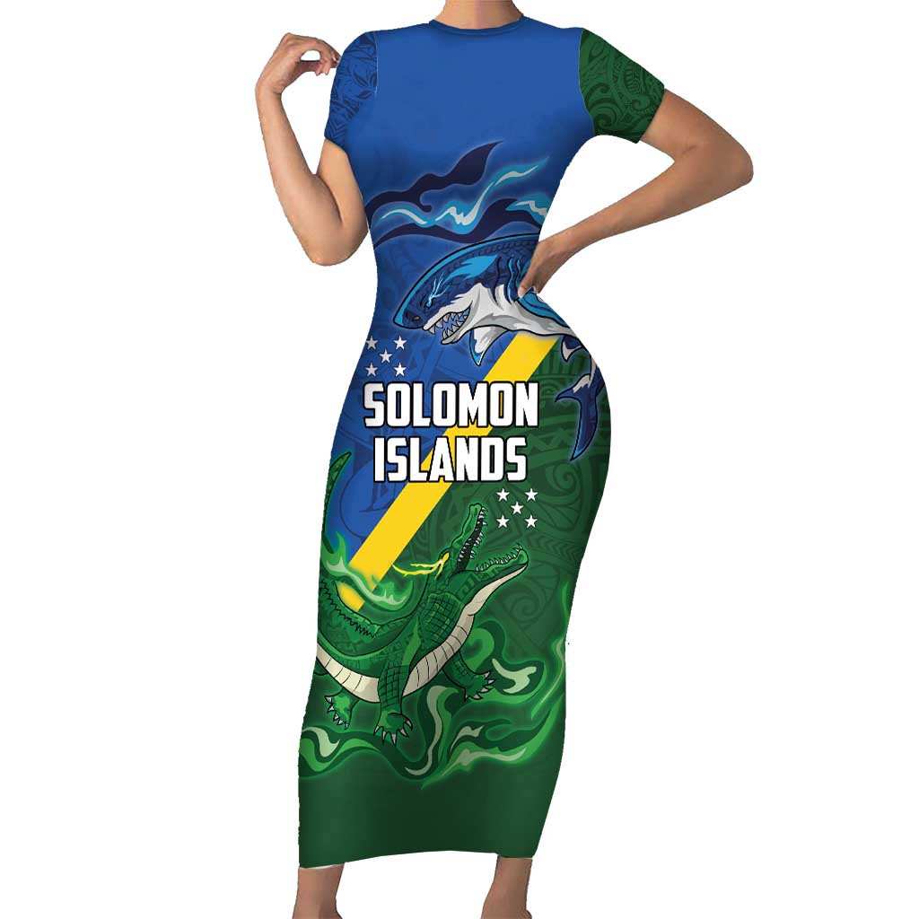 Solomon Islands Polynesian Tribal Shark and Crocodile Family Matching Short Sleeve Bodycon Dress and Hawaiian Shirt LT03 Mom's Dress Blue - Polynesian Pride