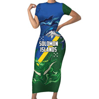 Solomon Islands Polynesian Tribal Shark and Crocodile Family Matching Short Sleeve Bodycon Dress and Hawaiian Shirt LT03 Mom's Dress Blue - Polynesian Pride