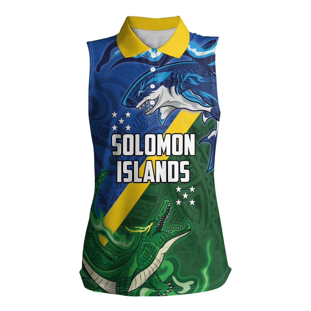 Solomon Islands Polynesian Tribal Shark and Crocodile Women Sleeveless Polo Shirt LT03 Female Blue - Polynesian Pride