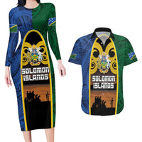 Solomon Islands Remembrance Day Couples Matching Long Sleeve Bodycon Dress and Hawaiian Shirt Lest We Forget and Polynesian Tattoo Pattern LT03 Black - Polynesian Pride
