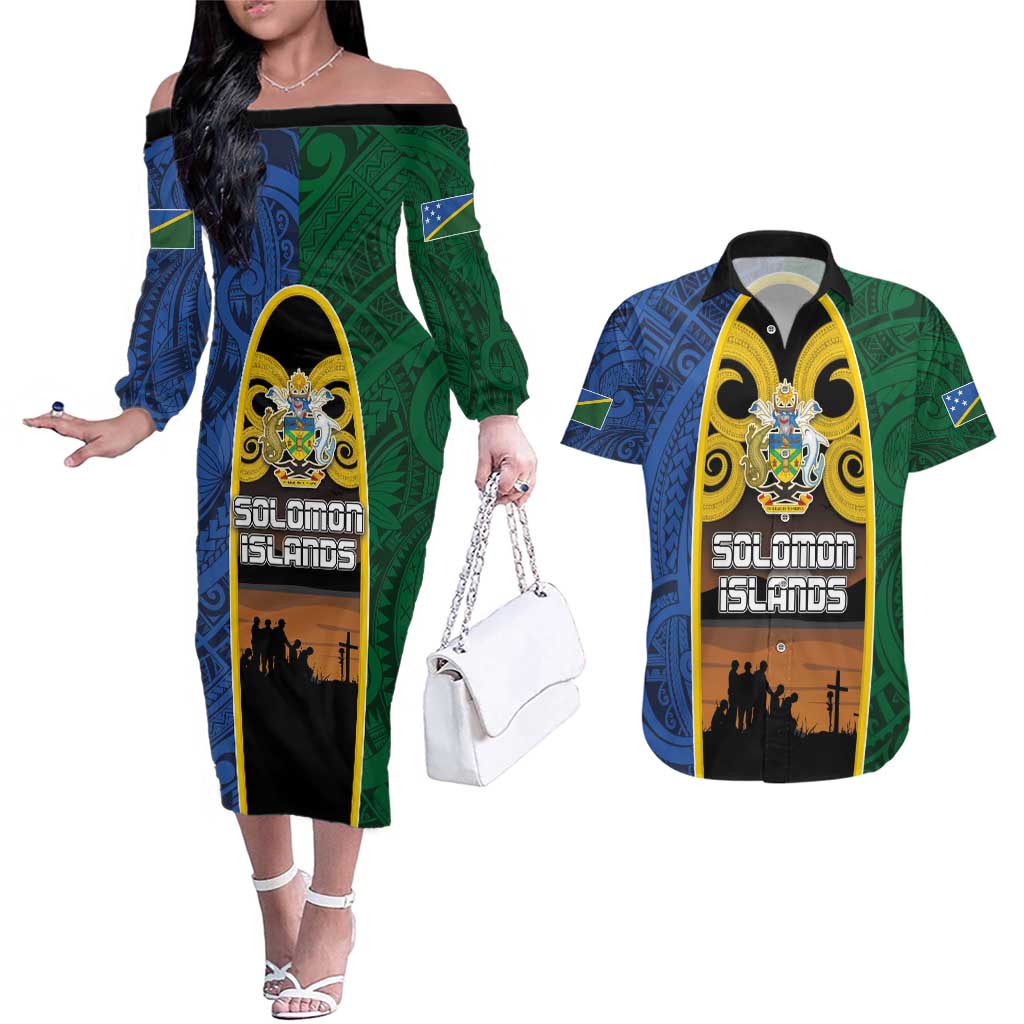 Solomon Islands Remembrance Day Couples Matching Off The Shoulder Long Sleeve Dress and Hawaiian Shirt Lest We Forget and Polynesian Tattoo Pattern LT03 Black - Polynesian Pride