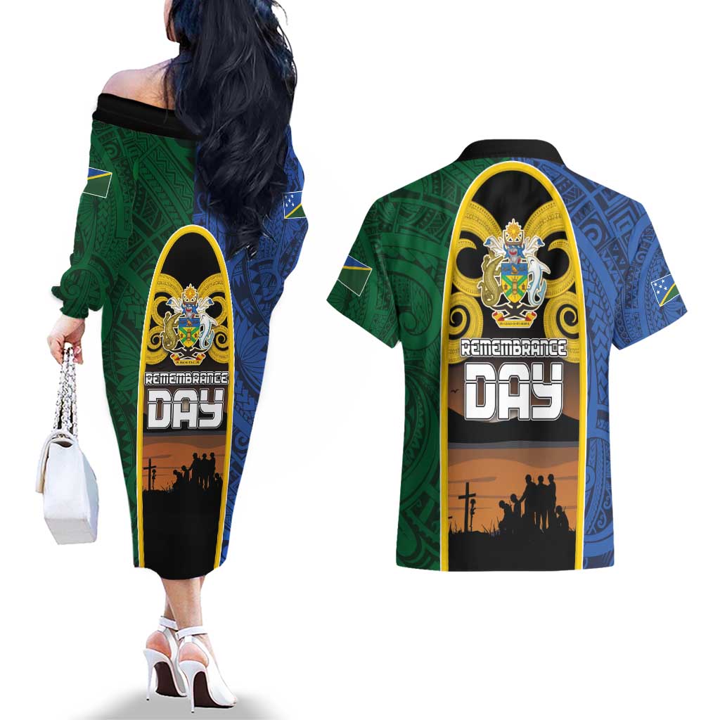 Solomon Islands Remembrance Day Couples Matching Off The Shoulder Long Sleeve Dress and Hawaiian Shirt Lest We Forget and Polynesian Tattoo Pattern LT03 - Polynesian Pride
