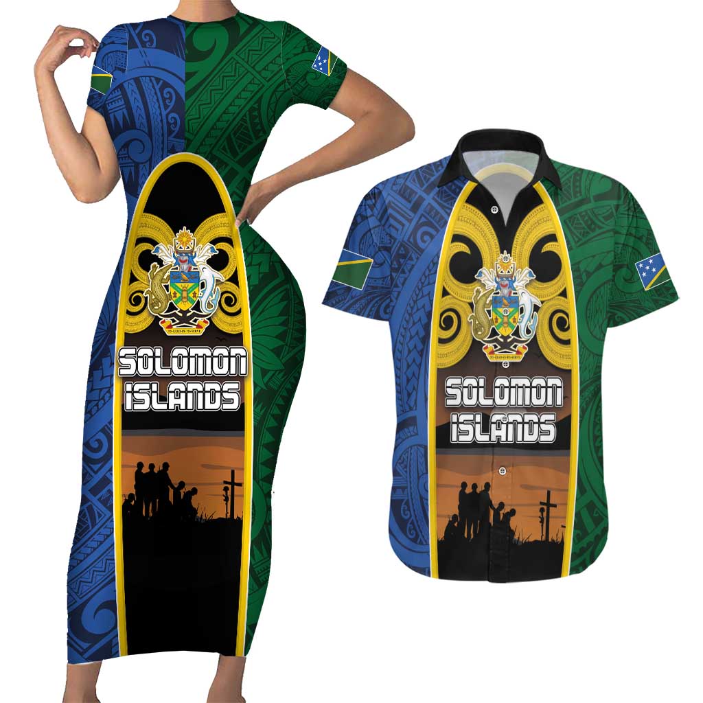 Solomon Islands Remembrance Day Couples Matching Short Sleeve Bodycon Dress and Hawaiian Shirt Lest We Forget and Polynesian Tattoo Pattern LT03 Black - Polynesian Pride