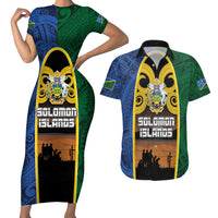 Solomon Islands Remembrance Day Couples Matching Short Sleeve Bodycon Dress and Hawaiian Shirt Lest We Forget and Polynesian Tattoo Pattern LT03 Black - Polynesian Pride