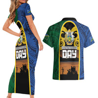 Solomon Islands Remembrance Day Couples Matching Short Sleeve Bodycon Dress and Hawaiian Shirt Lest We Forget and Polynesian Tattoo Pattern LT03 - Polynesian Pride