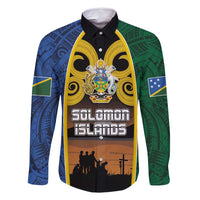 Solomon Islands Remembrance Day Family Matching Mermaid Dress and Hawaiian Shirt Lest We Forget and Polynesian Tattoo Pattern LT03 Dad's Shirt - Long Sleeve Black - Polynesian Pride