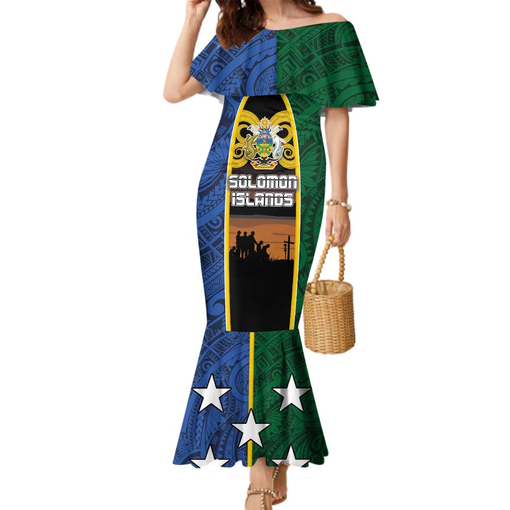 Solomon Islands Remembrance Day Family Matching Mermaid Dress and Hawaiian Shirt Lest We Forget and Polynesian Tattoo Pattern LT03 Mom's Dress Black - Polynesian Pride