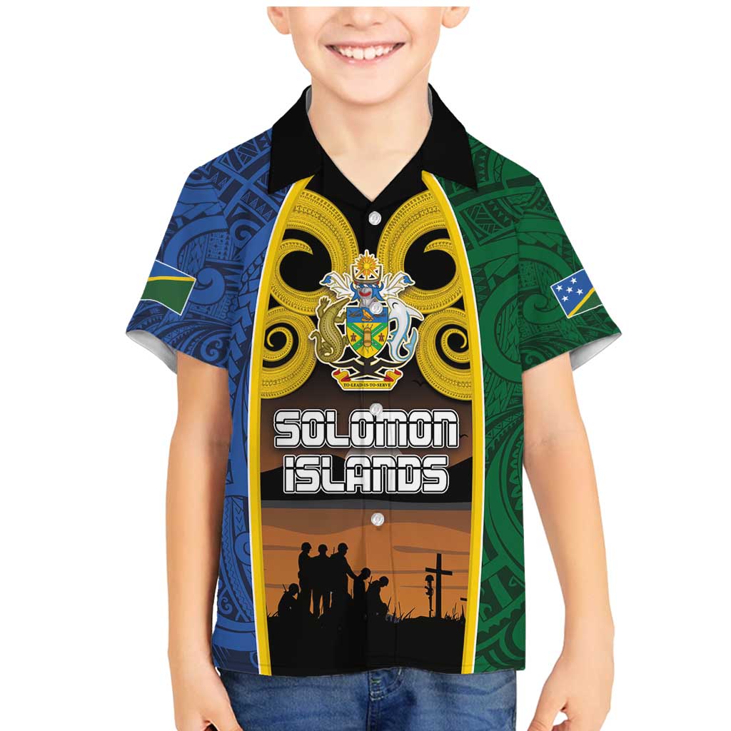 Solomon Islands Remembrance Day Family Matching Mermaid Dress and Hawaiian Shirt Lest We Forget and Polynesian Tattoo Pattern LT03 Son's Shirt Black - Polynesian Pride