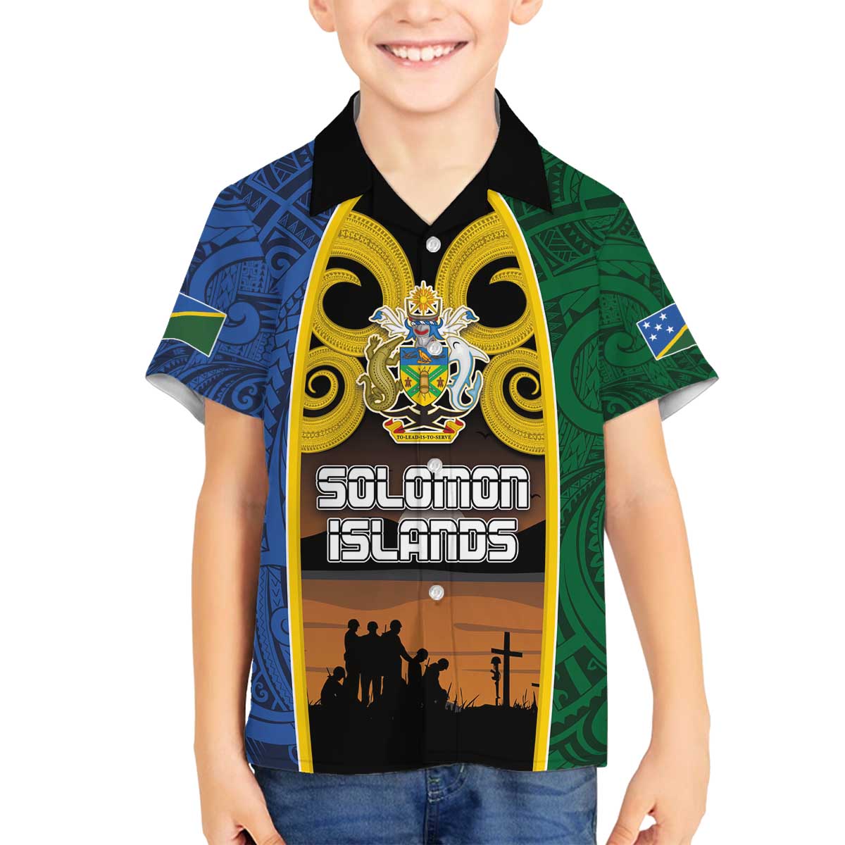 Solomon Islands Remembrance Day Family Matching Off The Shoulder Long Sleeve Dress and Hawaiian Shirt Lest We Forget and Polynesian Tattoo Pattern LT03 Son's Shirt Black - Polynesian Pride