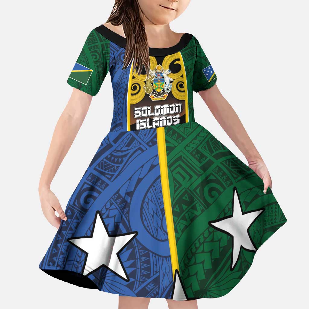 Solomon Islands Remembrance Day Family Matching Off Shoulder Maxi Dress and Hawaiian Shirt Lest We Forget and Polynesian Tattoo Pattern LT03 Daughter's Dress Black - Polynesian Pride