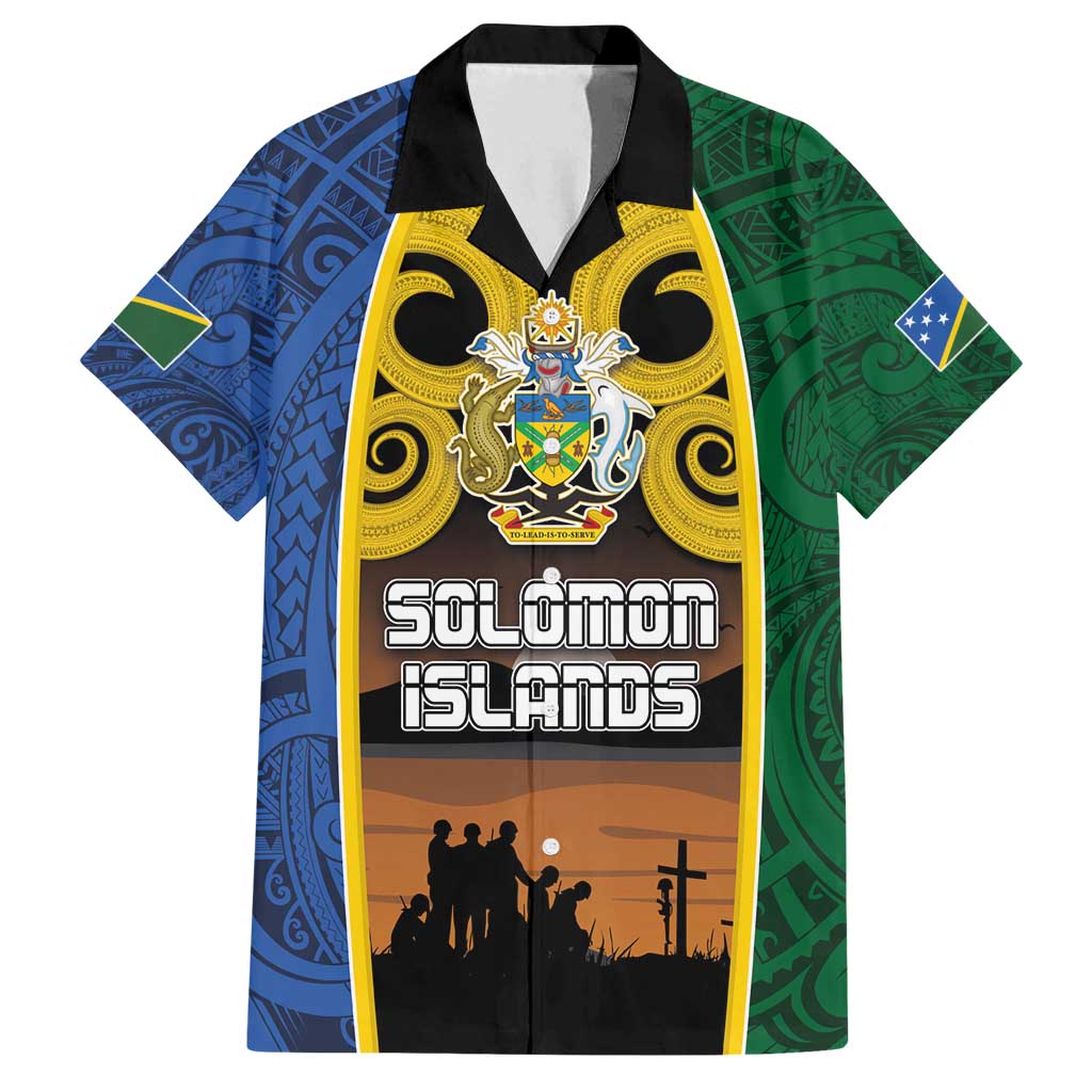 Solomon Islands Remembrance Day Family Matching Summer Maxi Dress and Hawaiian Shirt Lest We Forget and Polynesian Tattoo Pattern LT03 Dad's Shirt - Short Sleeve Black - Polynesian Pride