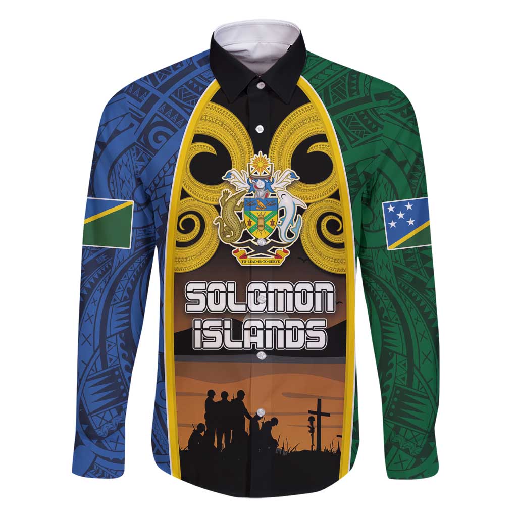 Solomon Islands Remembrance Day Family Matching Summer Maxi Dress and Hawaiian Shirt Lest We Forget and Polynesian Tattoo Pattern LT03 Dad's Shirt - Long Sleeve Black - Polynesian Pride