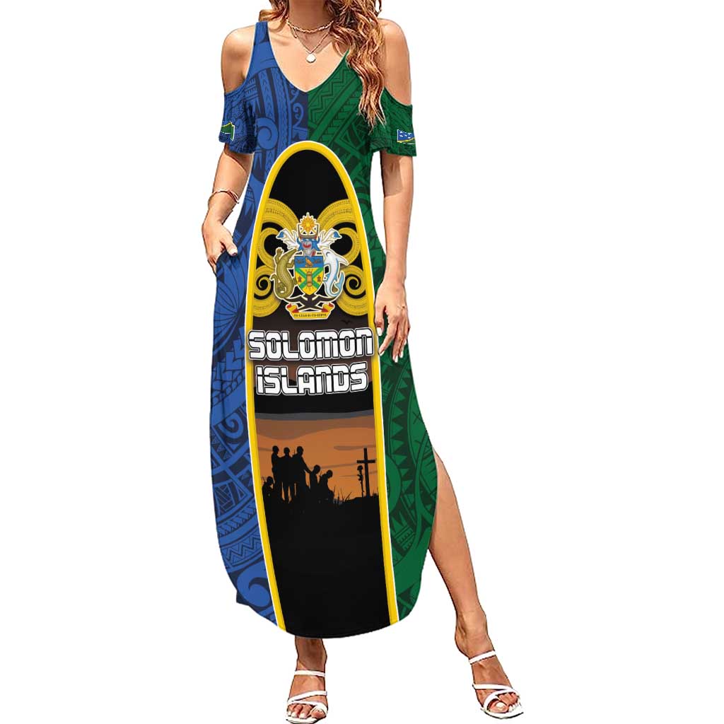Solomon Islands Remembrance Day Family Matching Summer Maxi Dress and Hawaiian Shirt Lest We Forget and Polynesian Tattoo Pattern LT03 Mom's Dress Black - Polynesian Pride