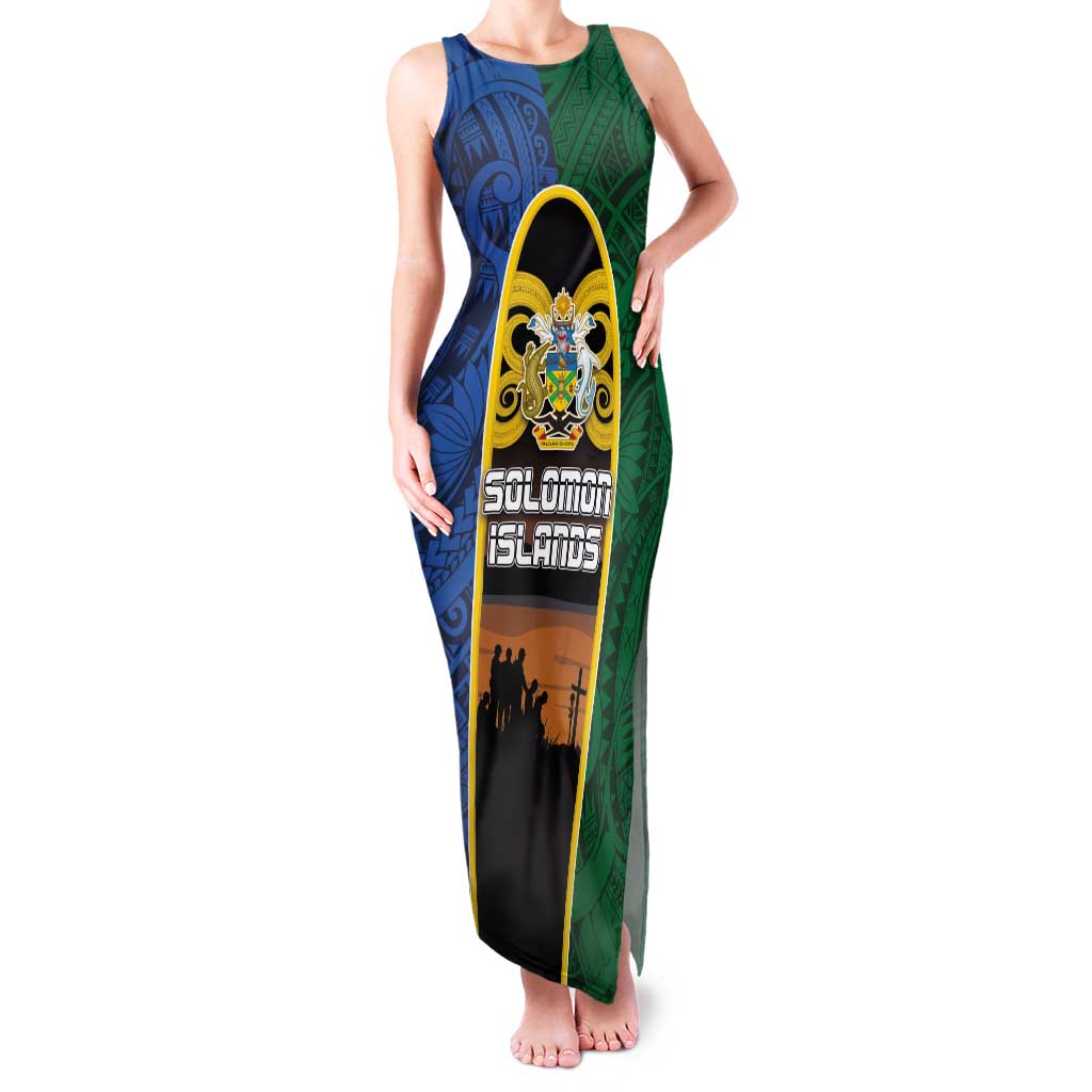 Solomon Islands Remembrance Day Family Matching Tank Maxi Dress and Hawaiian Shirt Lest We Forget and Polynesian Tattoo Pattern LT03 Mom's Dress Black - Polynesian Pride