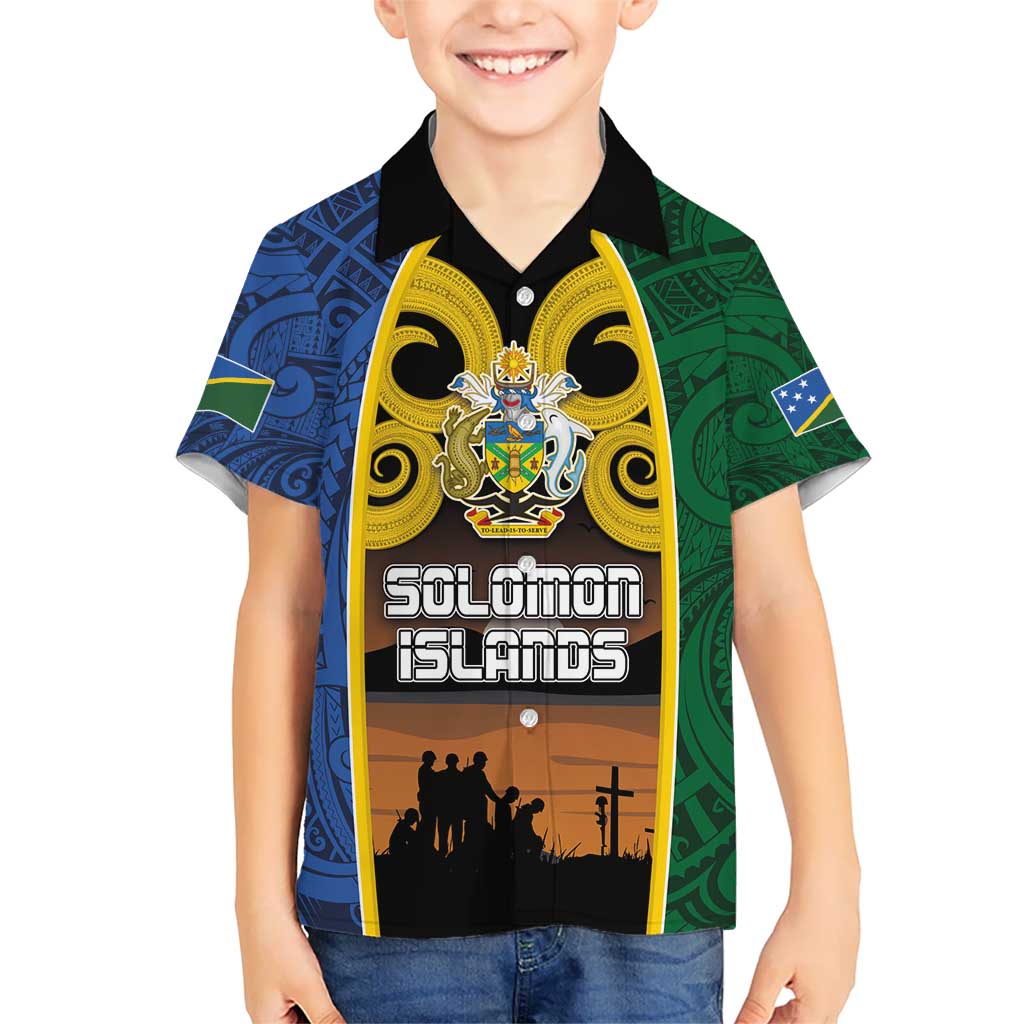 Solomon Islands Remembrance Day Kid Hawaiian Shirt Lest We Forget and Polynesian Tattoo Pattern LT03 Kid Black - Polynesian Pride