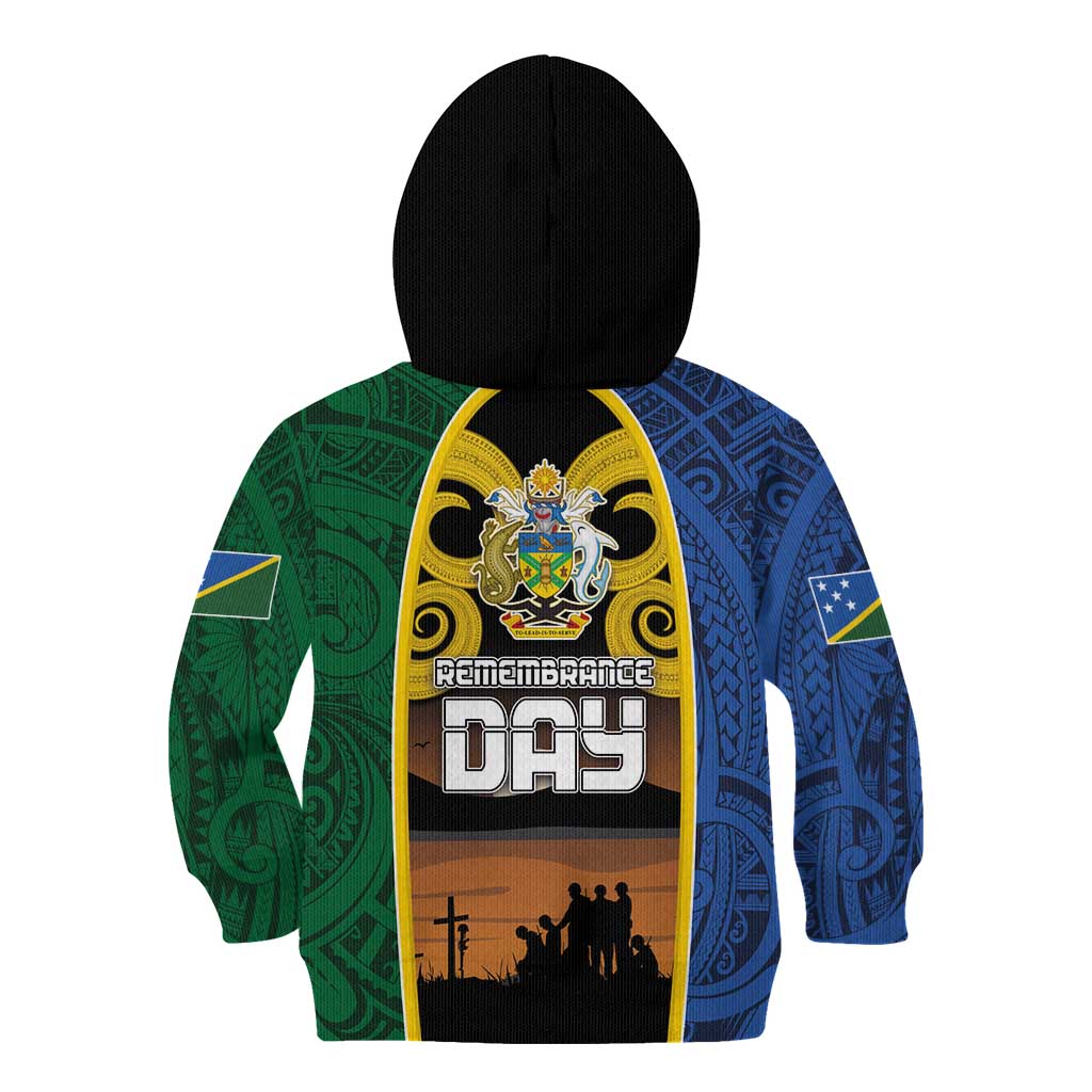Solomon Islands Remembrance Day Kid Hoodie Lest We Forget and Polynesian Tattoo Pattern