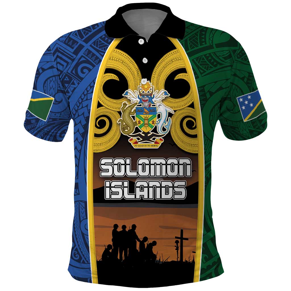 Solomon Islands Remembrance Day Polo Shirt Lest We Forget and Polynesian Tattoo Pattern LT03 Black - Polynesian Pride