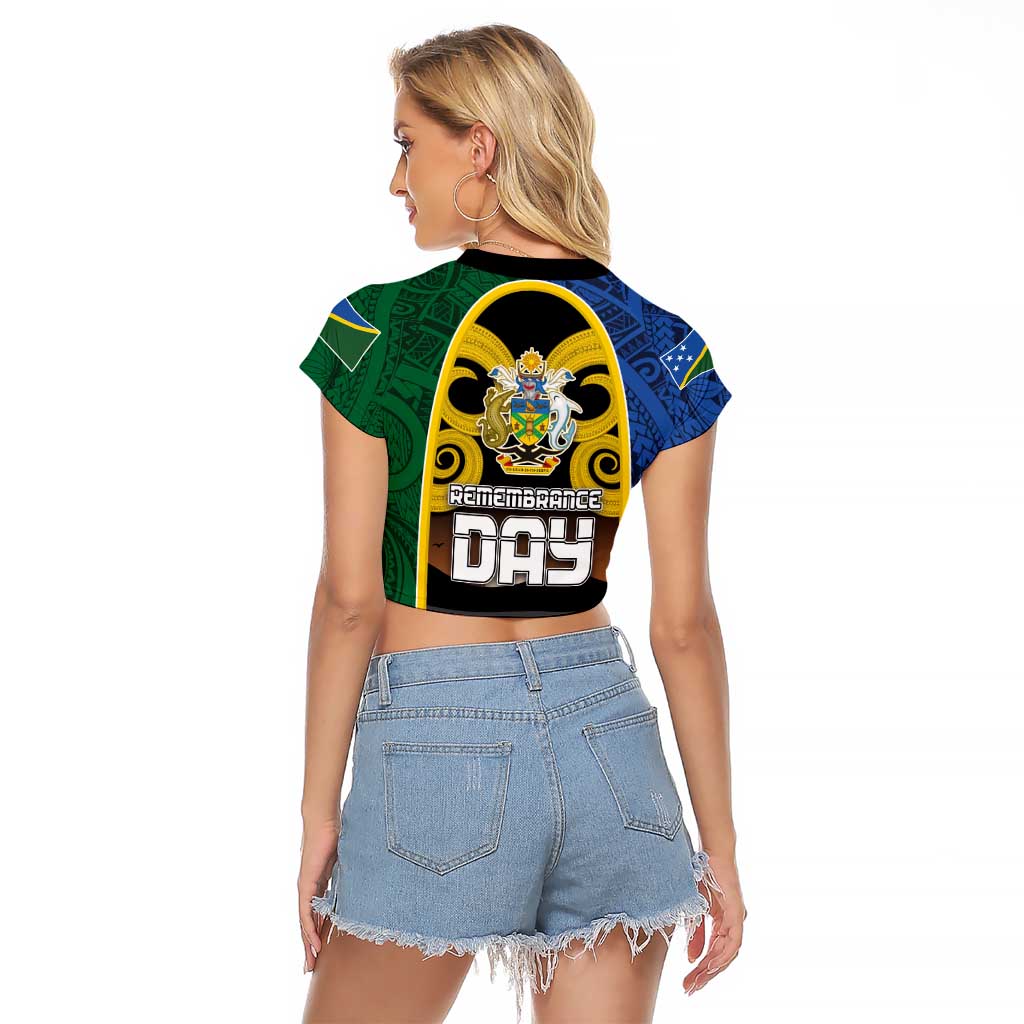 Solomon Islands Remembrance Day Raglan Cropped T Shirt Lest We Forget and Polynesian Tattoo Pattern
