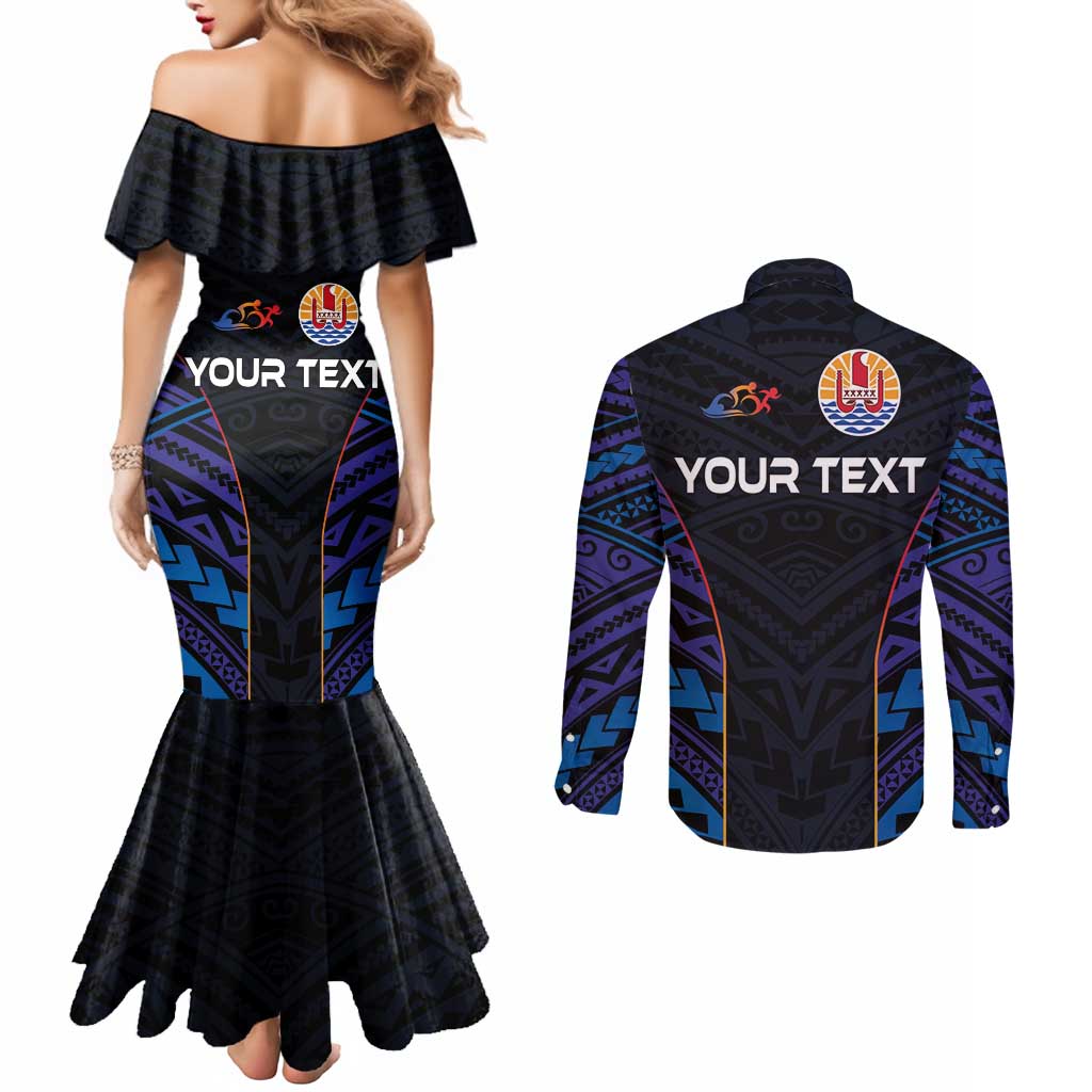 Personalised Tahiti Triathlon Polynesian Pattern Couples Matching Mermaid Dress and Long Sleeve Button Shirt