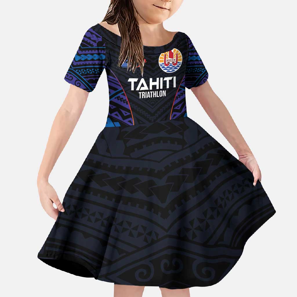 Personalised Tahiti Triathlon Polynesian Pattern Family Matching Long Sleeve Bodycon Dress and Hawaiian Shirt LT03 Daughter's Dress Black - Polynesian Pride