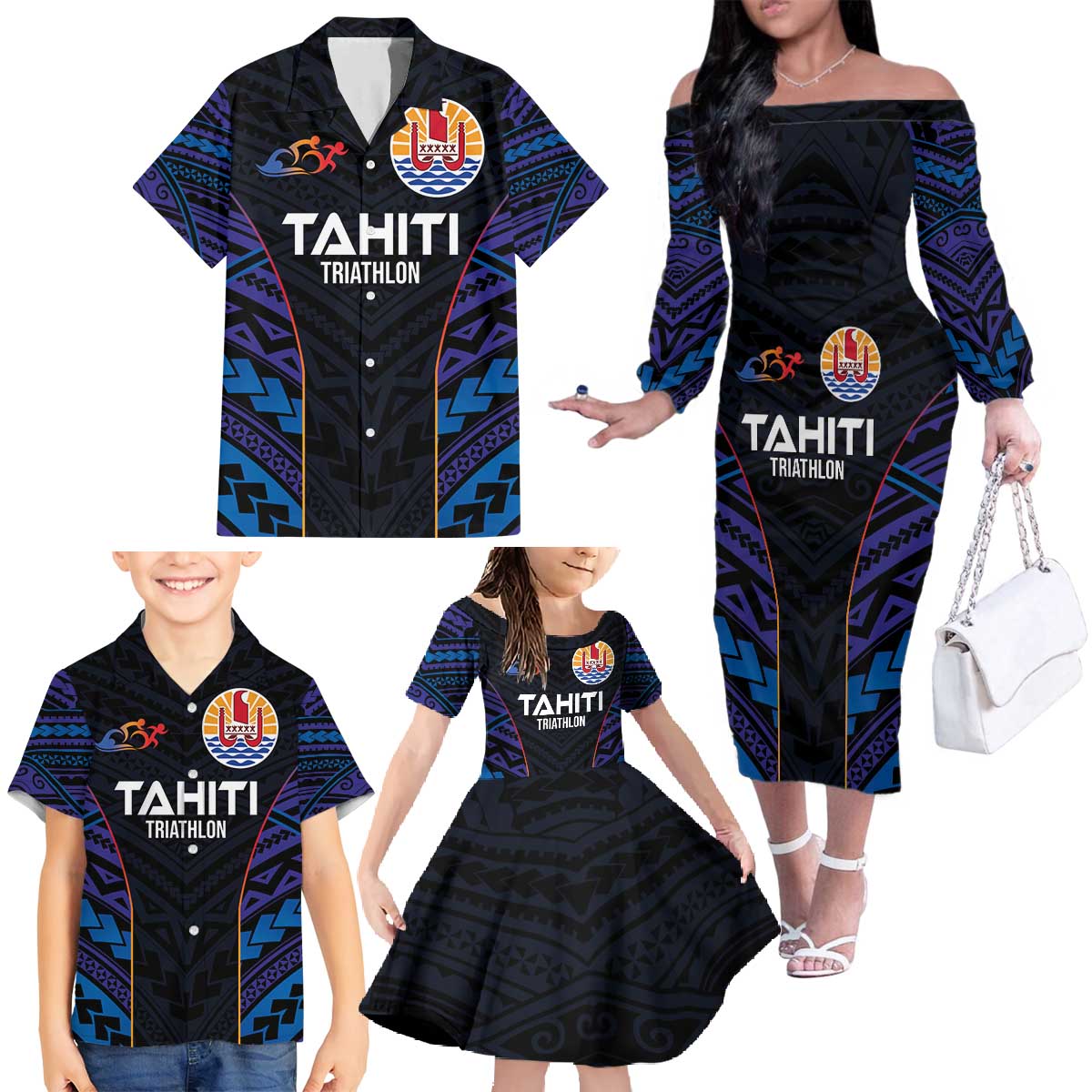 Personalised Tahiti Triathlon Polynesian Pattern Family Matching Off The Shoulder Long Sleeve Dress and Hawaiian Shirt LT03 - Polynesian Pride