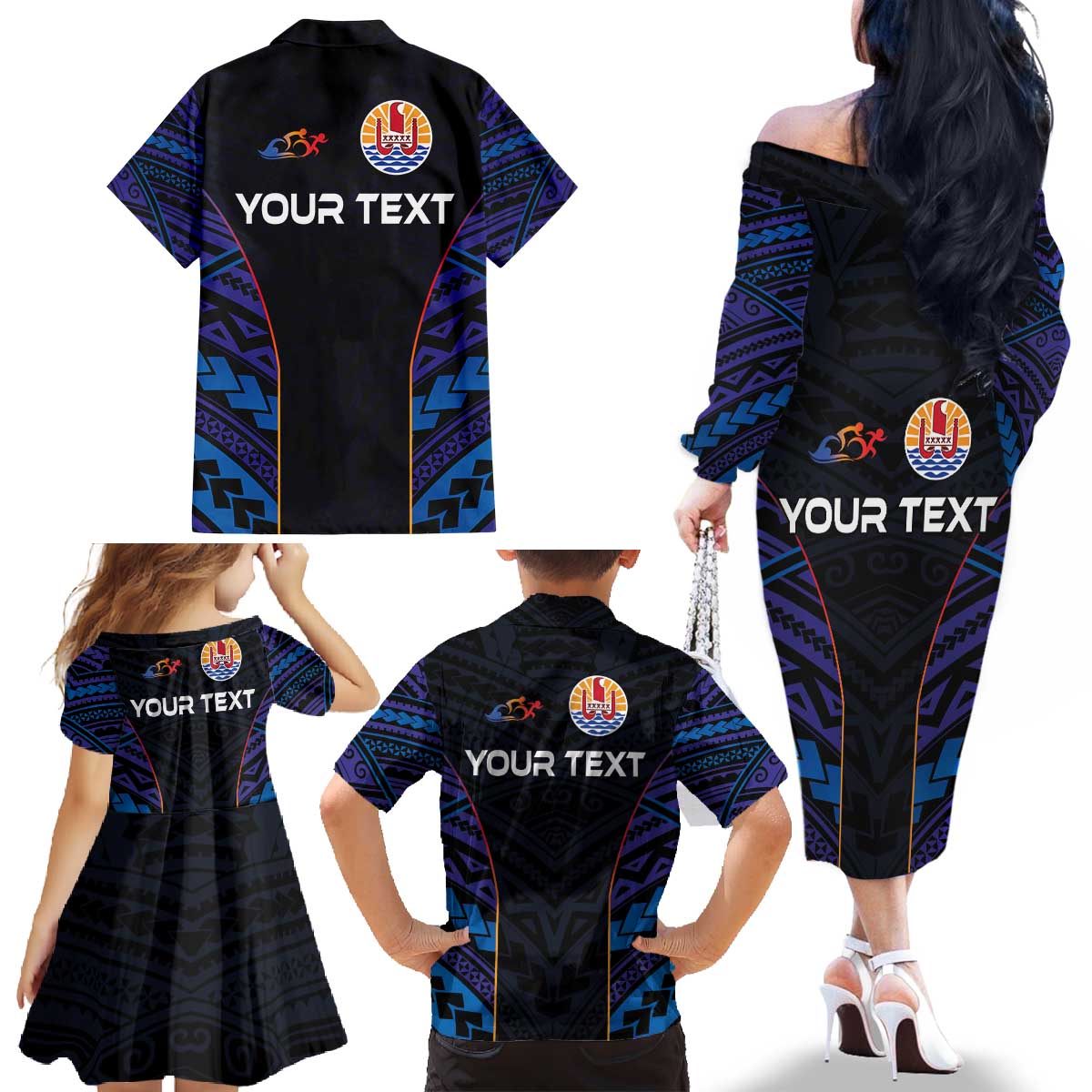 Personalised Tahiti Triathlon Polynesian Pattern Family Matching Off The Shoulder Long Sleeve Dress and Hawaiian Shirt LT03 - Polynesian Pride