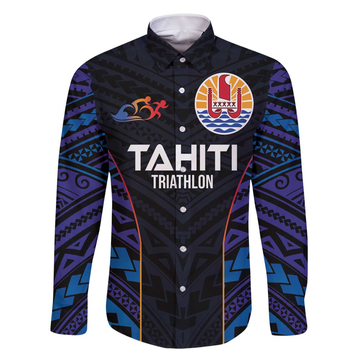 Personalised Tahiti Triathlon Polynesian Pattern Family Matching Off The Shoulder Long Sleeve Dress and Hawaiian Shirt LT03 Dad's Shirt - Long Sleeve Black - Polynesian Pride