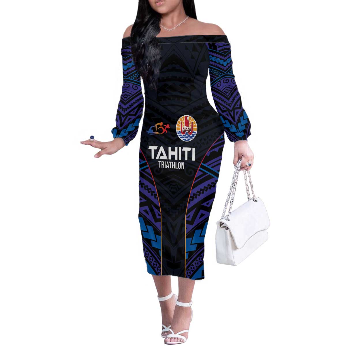 Personalised Tahiti Triathlon Polynesian Pattern Family Matching Off The Shoulder Long Sleeve Dress and Hawaiian Shirt LT03 Mom's Dress Black - Polynesian Pride