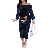 Personalised Tahiti Triathlon Polynesian Pattern Family Matching Off The Shoulder Long Sleeve Dress and Hawaiian Shirt LT03 Mom's Dress Black - Polynesian Pride