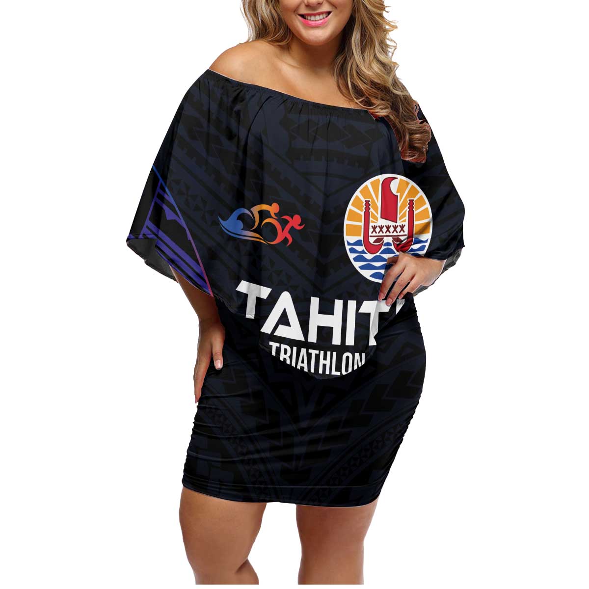 Personalised Tahiti Triathlon Polynesian Pattern Family Matching Off Shoulder Short Dress and Hawaiian Shirt LT03 Mom's Dress Black - Polynesian Pride