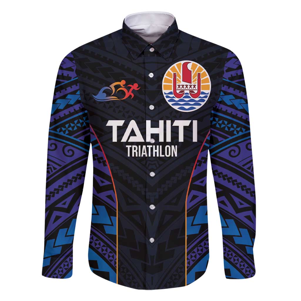 Personalised Tahiti Triathlon Polynesian Pattern Family Matching Short Sleeve Bodycon Dress and Hawaiian Shirt LT03 Dad's Shirt - Long Sleeve Black - Polynesian Pride