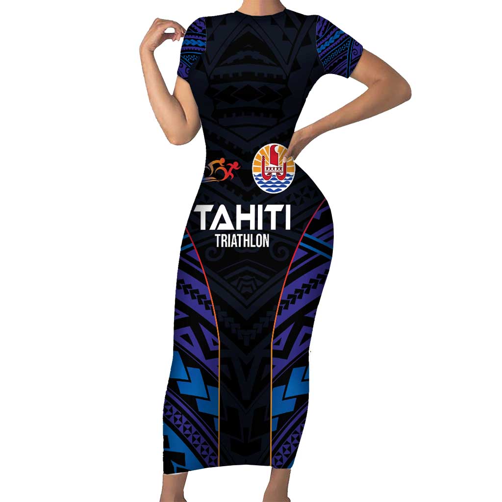 Personalised Tahiti Triathlon Polynesian Pattern Family Matching Short Sleeve Bodycon Dress and Hawaiian Shirt LT03 Mom's Dress Black - Polynesian Pride